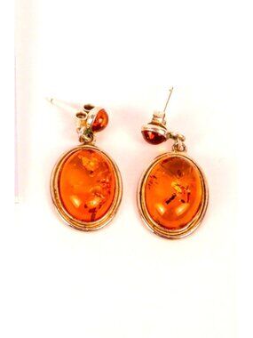 Silver Sterling 925 Oval Amber Dangle Drop Earrings Stud Back Vintage Style